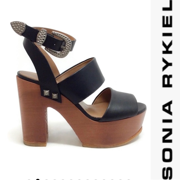 NEW Sonia Rykiel Black Leather/Wood Platforms 38